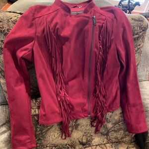 Black Rivet Burgundy/Cranberry Color Suede like Fabric Fringe Jacket - Size L